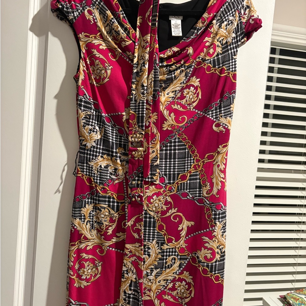 Cache Fucsia, Gold, black Baroque Midi Dress